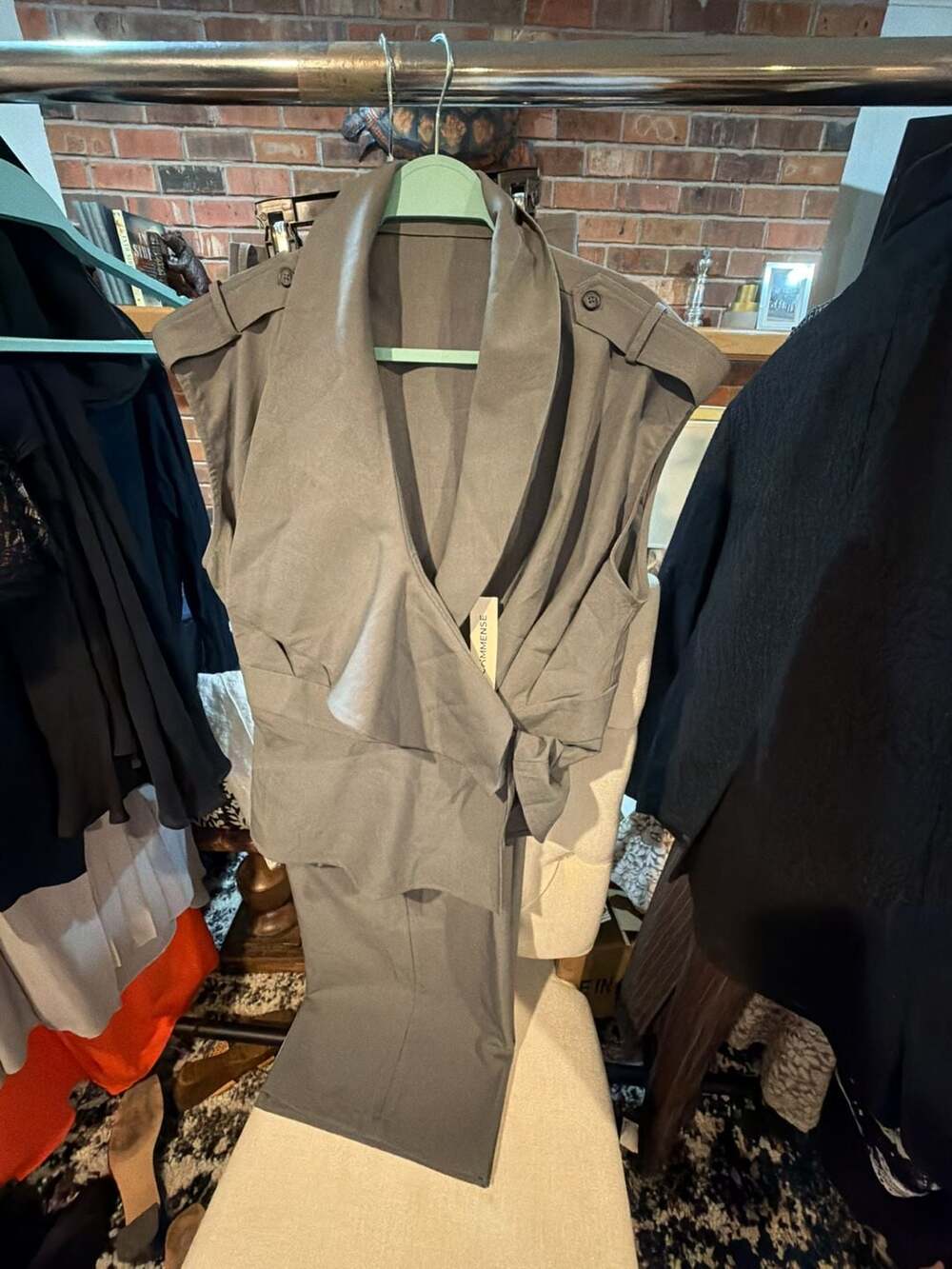 Commense Taupe Sleeveless Draped Wrap Vest and Pants Set